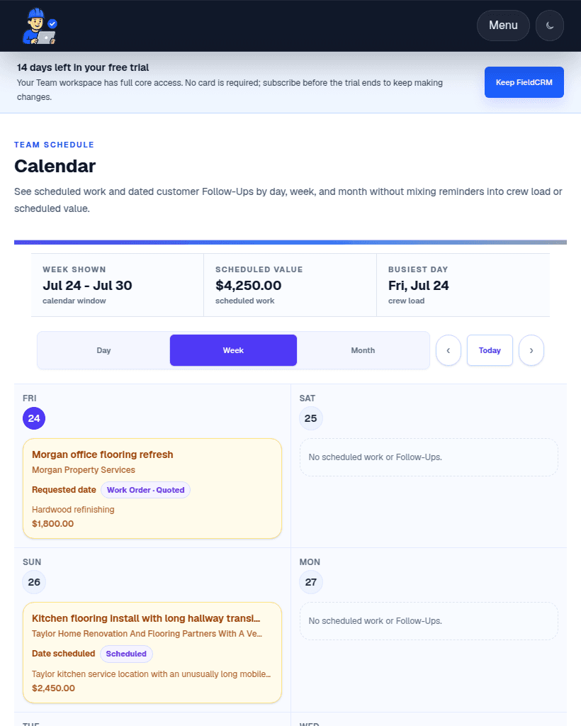 Live FieldCRM calendar capture showing scheduled jobs on a weekly view.