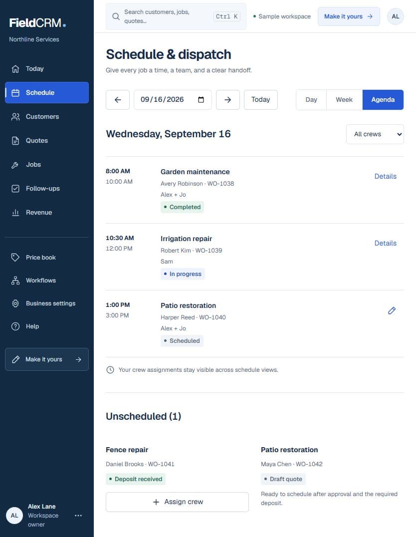 FieldCRM sample schedule in Agenda view, showing scheduled jobs, crews, arrival times, and visit statuses.