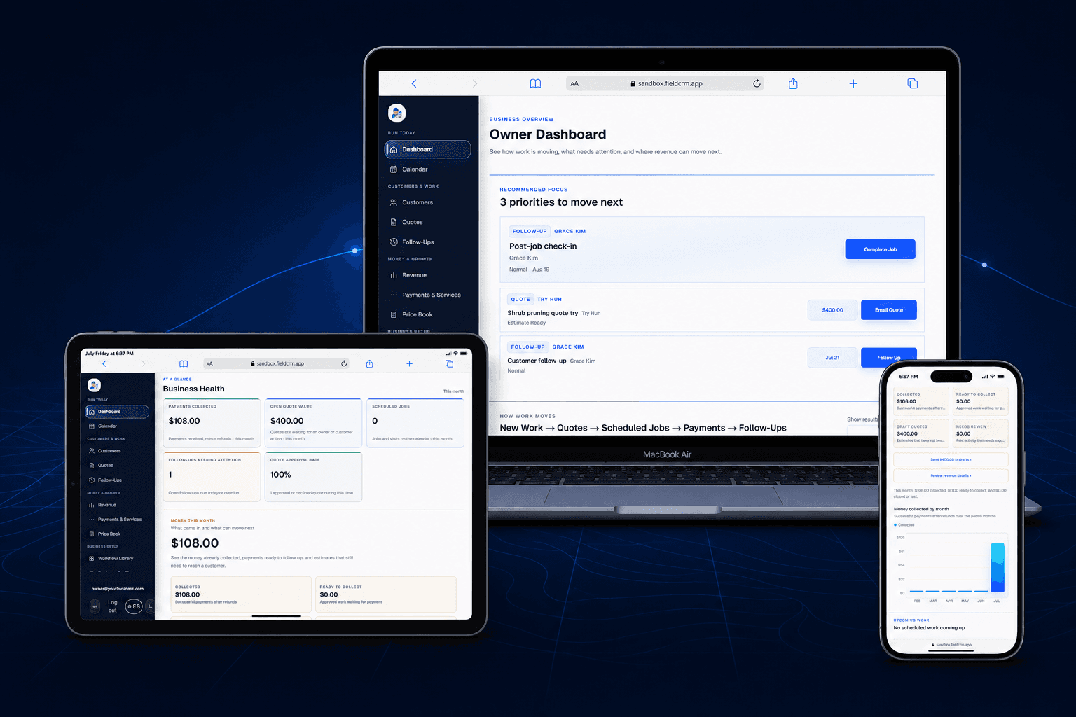 FieldCRM connected across laptop, tablet, and phone