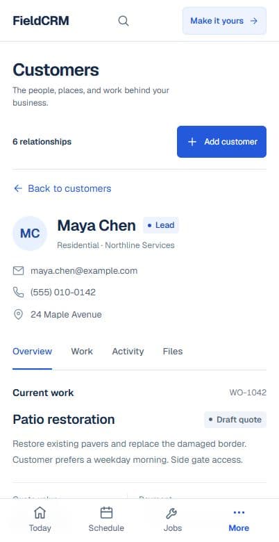 FieldCRM mobile Customer page showing contact details, next best action, job sites, and connected work.