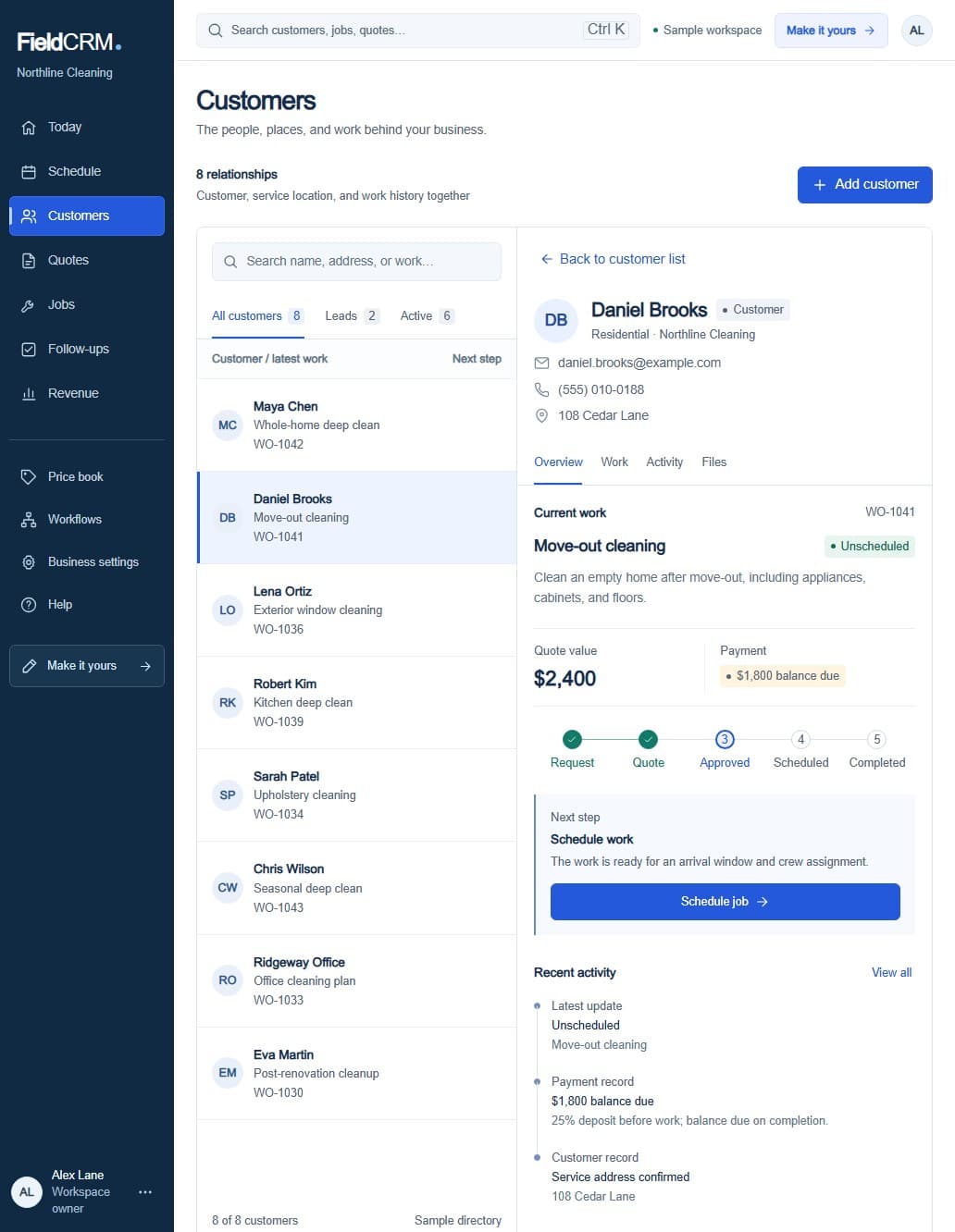 FieldCRM tablet customer workspace for Northline Cleaning showing Daniel Brooks, a move-out cleaning Work Order, quote value, deposit status, workflow progress, and the Schedule job next action.