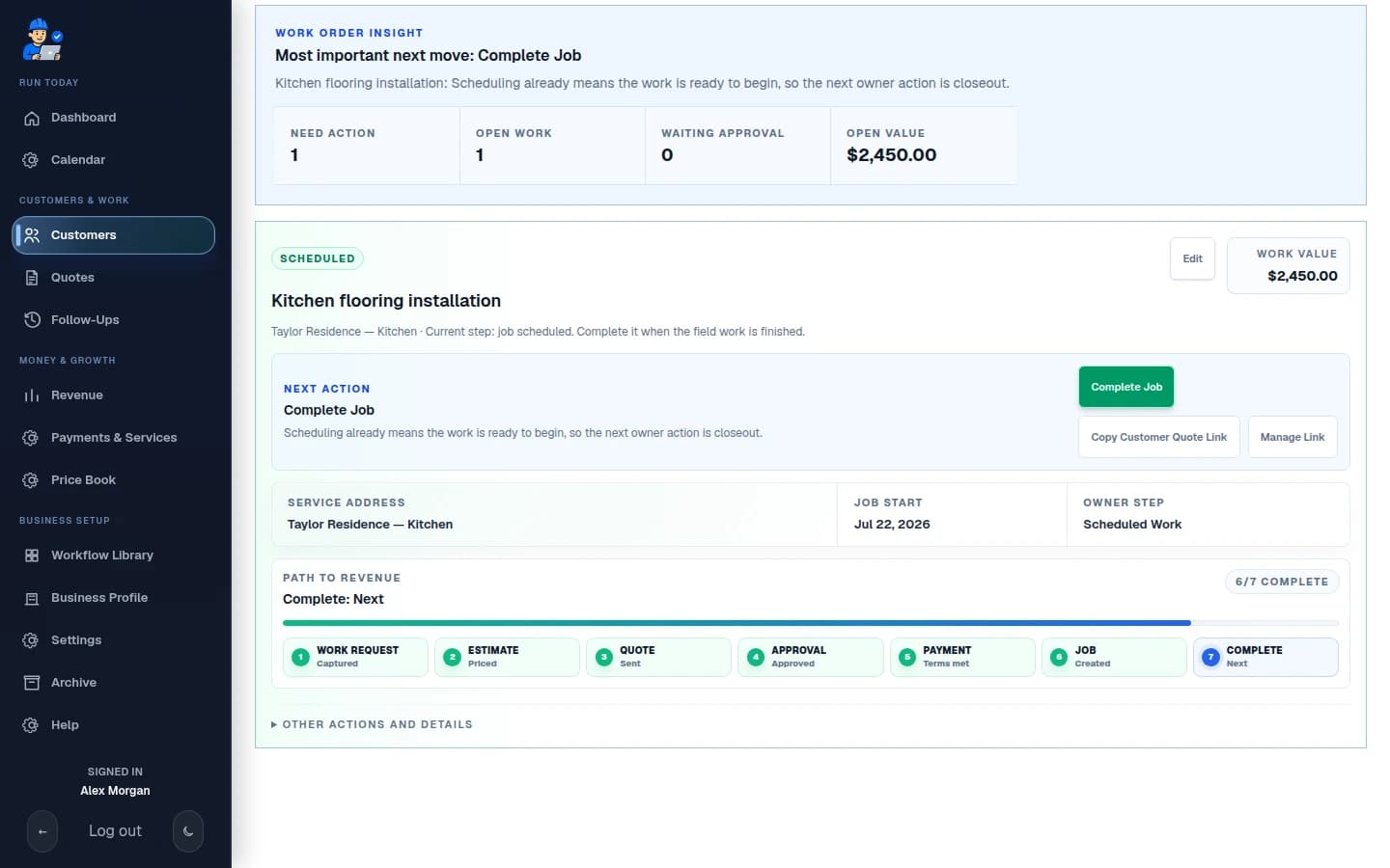 Live FieldCRM customer workspace capture with job sites, Work Orders, quote queue, and next action context.