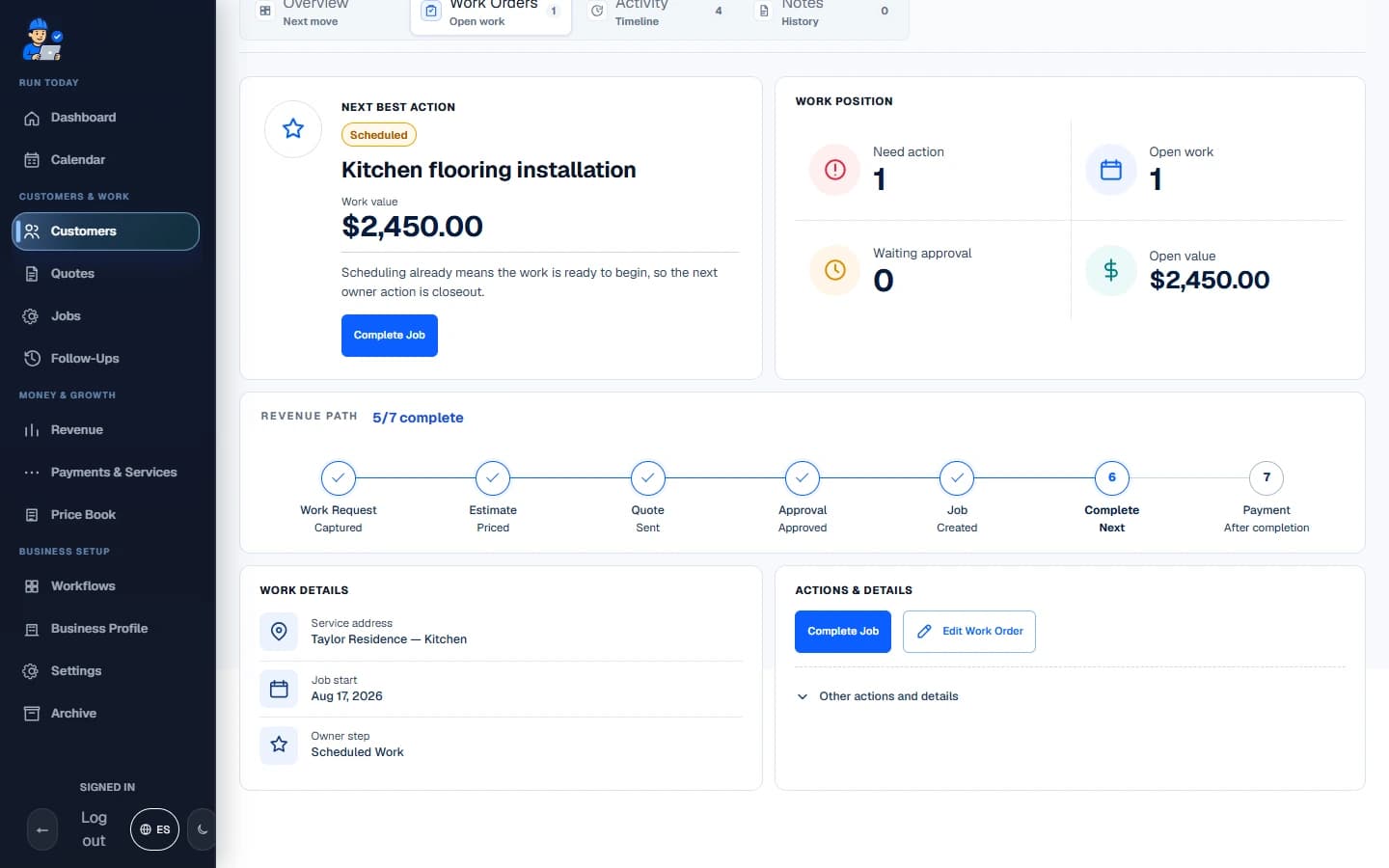 Live FieldCRM customer workspace capture with job sites, Work Orders, quote queue, and next action context.