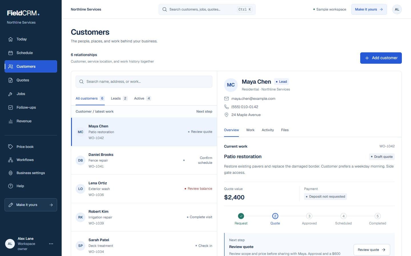 FieldCRM sample customer workspace capture with job sites, Work Orders, quote queue, and next action context.