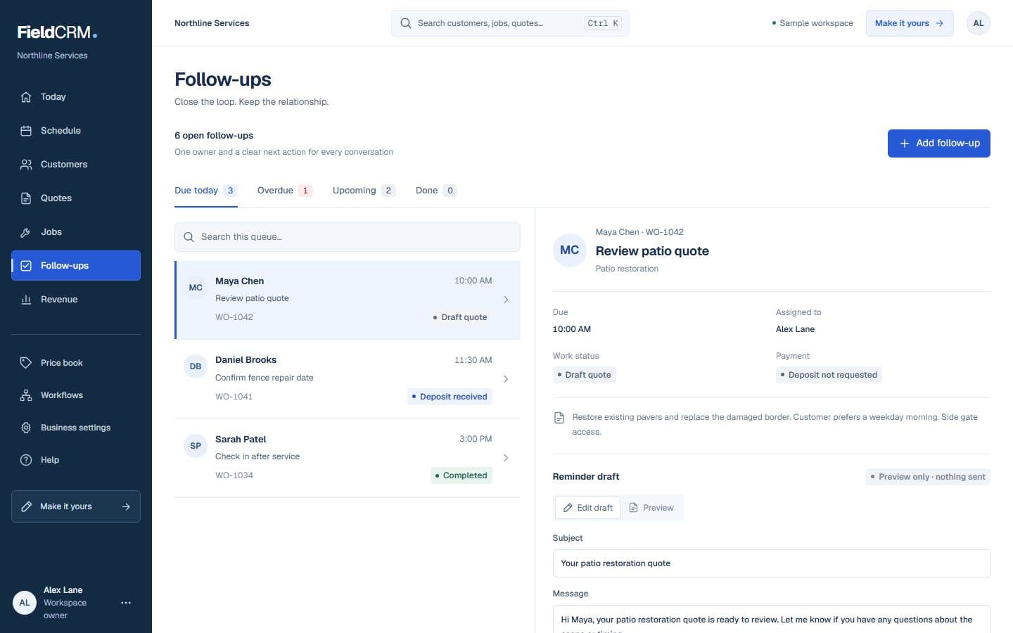 FieldCRM sample follow-ups capture showing owner follow-up workload, urgency mix, and the next recommended move.