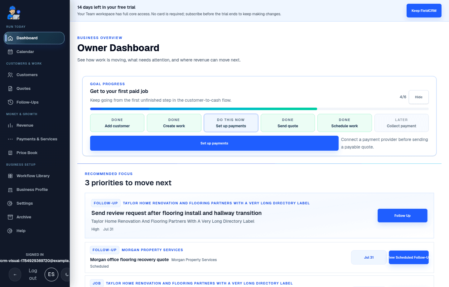 Live FieldCRM Owner Dashboard shown on a laptop with priority work, operations, and money context.