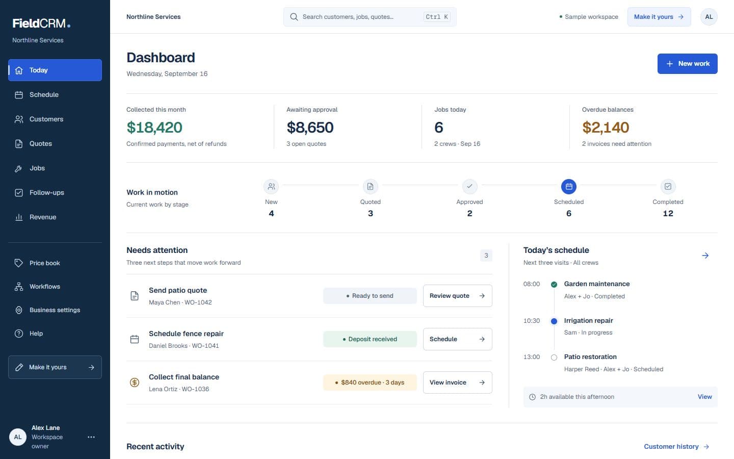 FieldCRM sample desktop Owner Dashboard with priority work, operations, and money context.