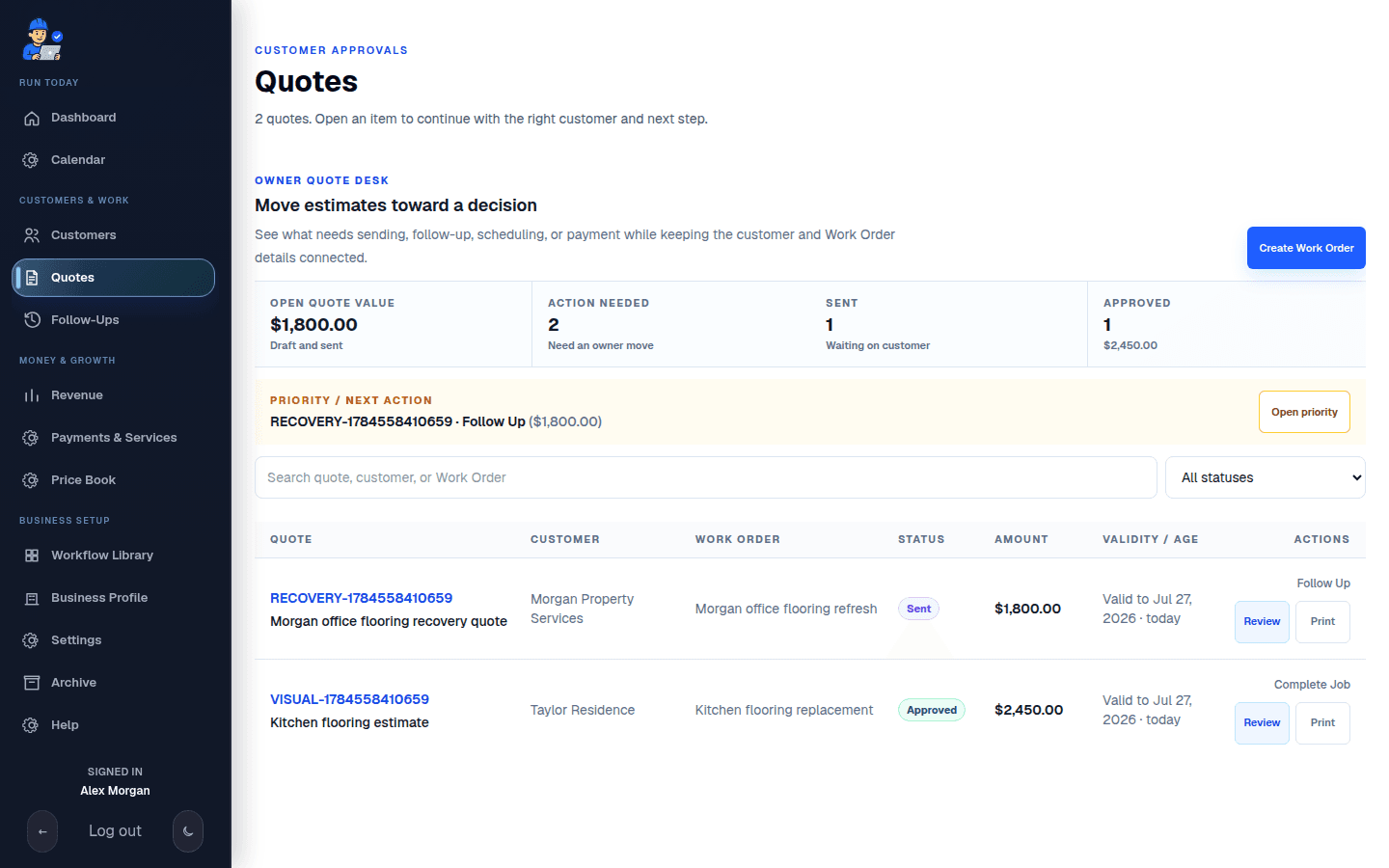 Live FieldCRM Quote desk showing open value, customer decisions, connected Work Orders, and owner actions.