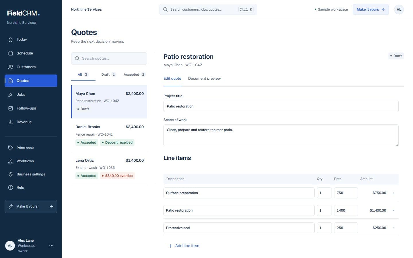 FieldCRM sample quote editor with a patio restoration draft, scope of work, itemized prices, and customer quotes with approval and payment statuses.